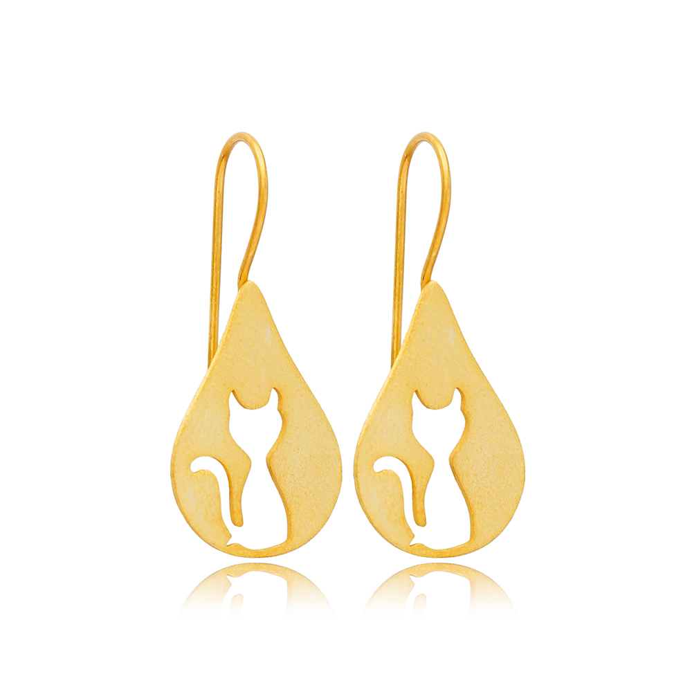 Pear Shape Cat Design 22K Gold Plated Hook Earrings Handcrafted Turkish Wholesale 925 Sterling Silver Jewelry