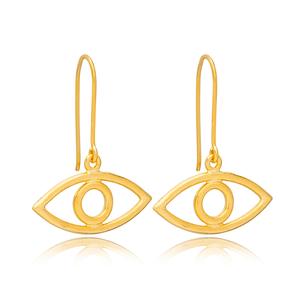 Plain Evil Eye 22K Gold Plated Hook Earrings Handcrafted Turkish Wholesale 925 Sterling Silver Jewelry