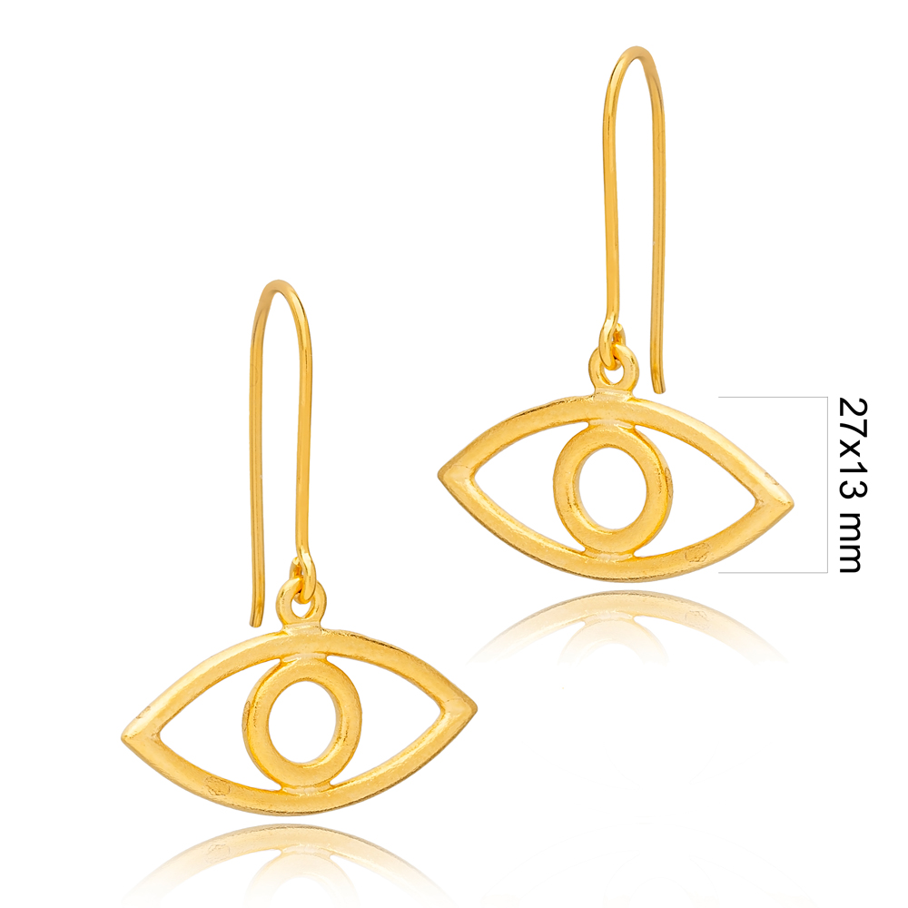 Plain Evil Eye 22K Gold Plated Hook Earrings Handcrafted Turkish Wholesale 925 Sterling Silver Jewelry