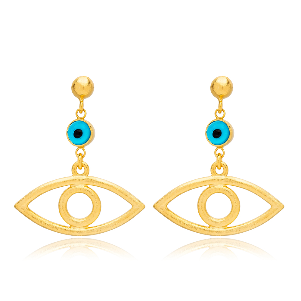 Blue Beaded Evil Eye 22K Gold Plated Stud Earrings Turkish Wholesale 925 Sterling Silver Jewelry