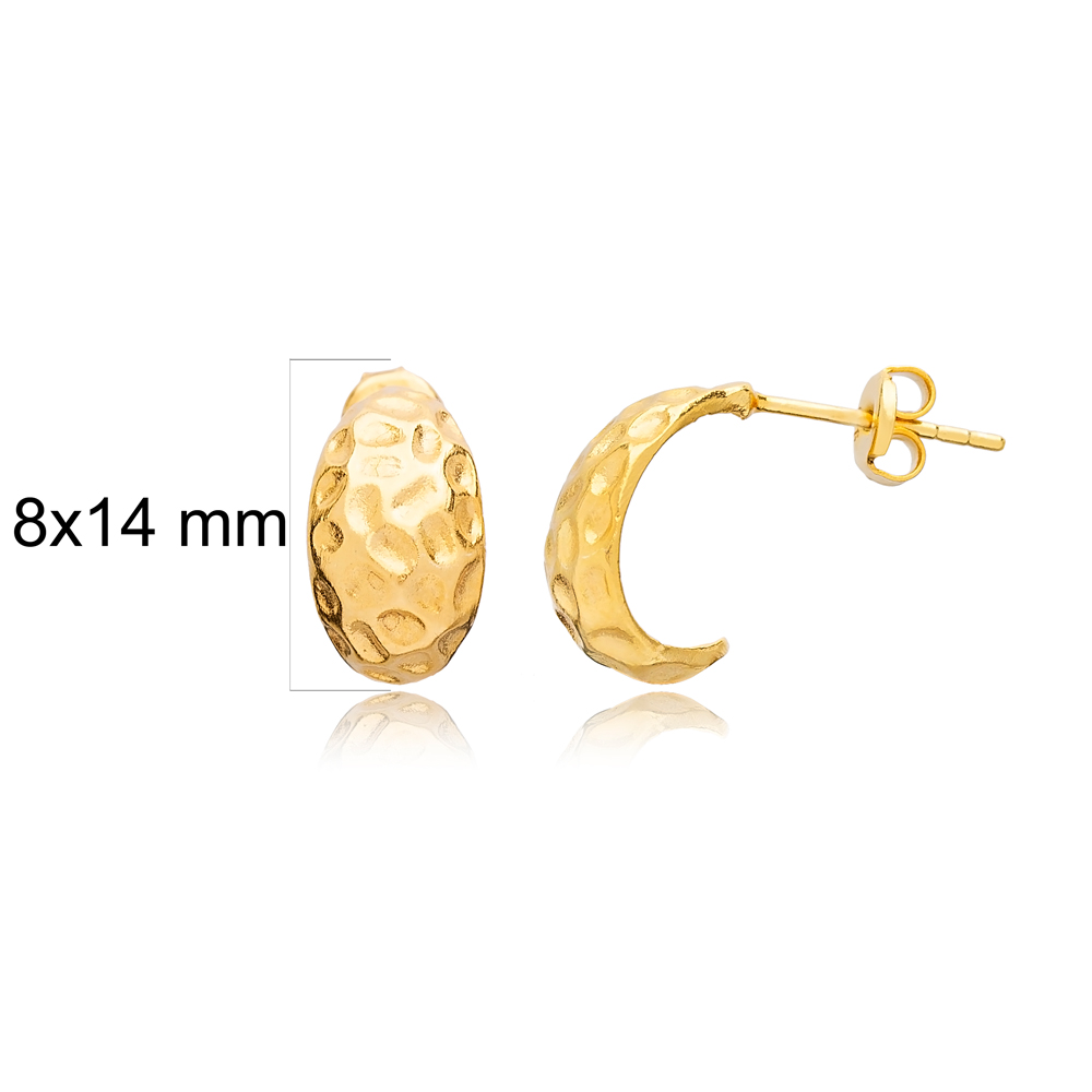 C Shape Textured 22K Gold Plated Turkish Wholesale 925 Sterling Silver Hoop Earrings Jewelry