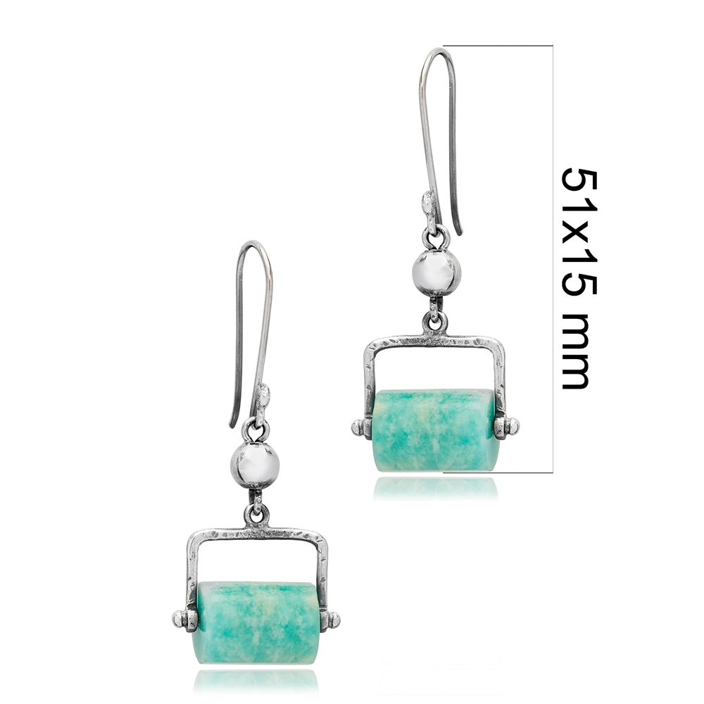 Amazonite Cylinder Shape Oxidized Plated Turkish Wholesale 925 Sterling Silver Hook Earrings Jewelry