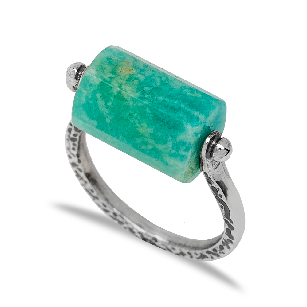 Amazonite Natural Stone Oxidized Plated Ring Turkish Wholesale Handmade 925  Sterling Silver Jewelry