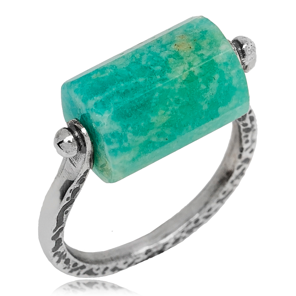 Amazonite Natural Stone Oxidized Plated Ring Turkish Wholesale Handmade 925  Sterling Silver Jewelry