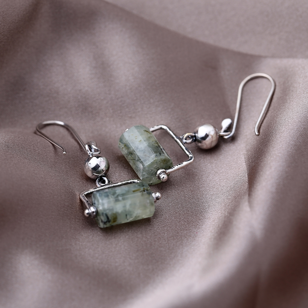 Pirinait Stone Cylinder Shape Oxidized Plated Turkish Wholesale 925 Sterling Silver Hook Earrings Jewelry