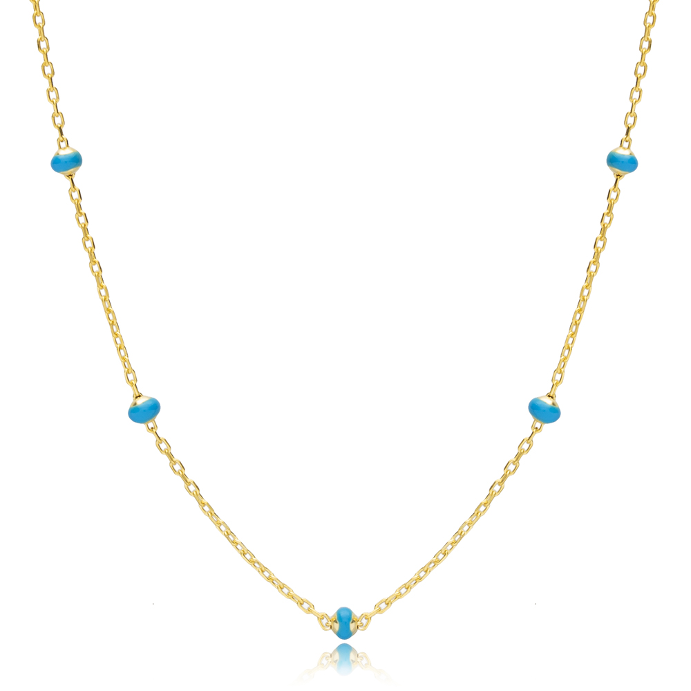 Dainty Blue Beaded Enamel Handmade Turkish 925 Sterling Silver Chain Necklace