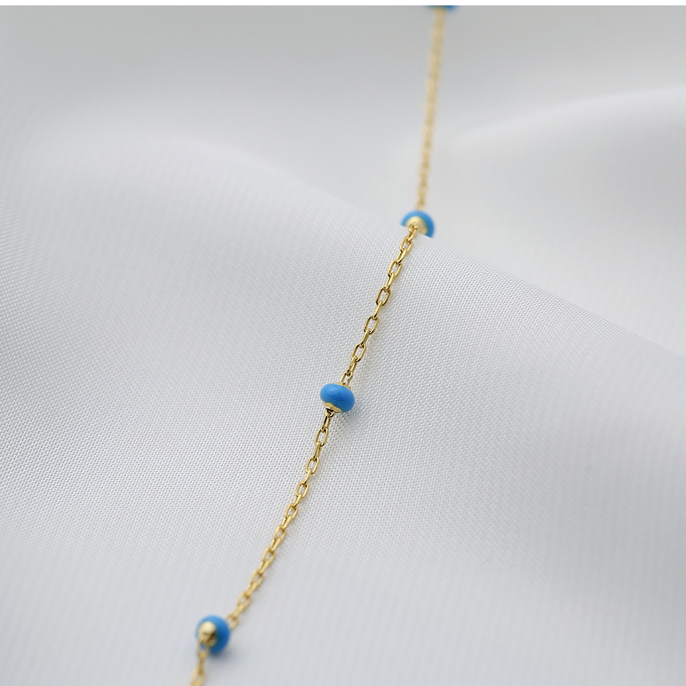 Dainty Blue Beaded Enamel Handmade Turkish 925 Sterling Silver Chain Necklace