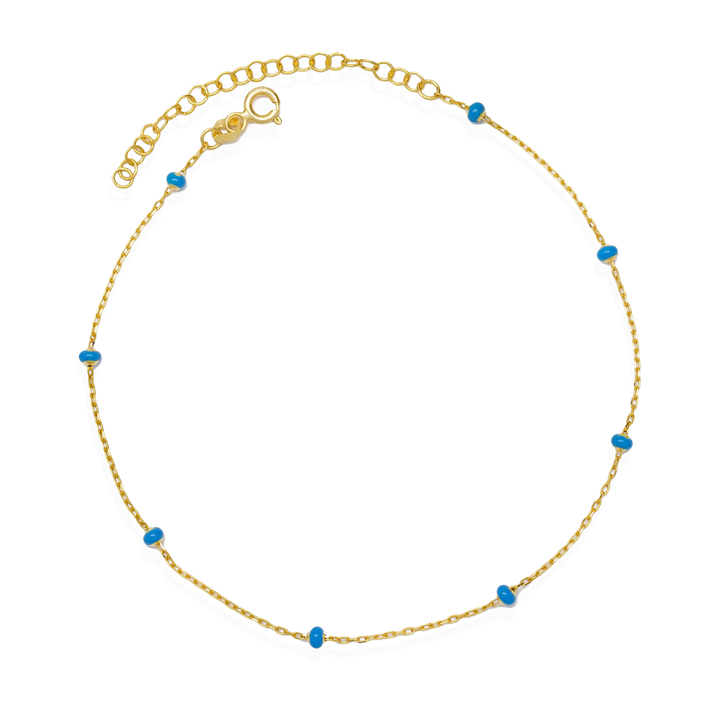 Blue Beaded Enamel Chain Turkish Wholesale Handmade 925 Sterling Silver Chain Anklet