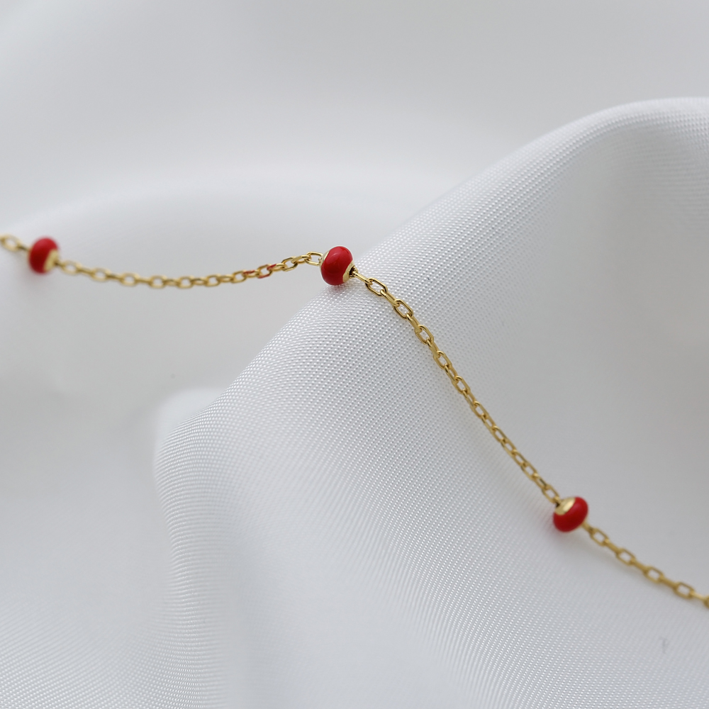 Lovely Red Enamel Beaded Anklet Turkish Wholesale Handcrafted 925 Sterling Silver Chain Jewelry