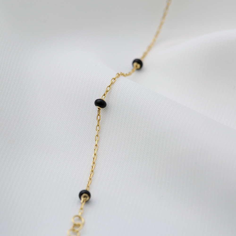 Delicate Chain Black Beaded Enamel Bracelet Handmade Turkish 925 Sterling Silver Jewelry