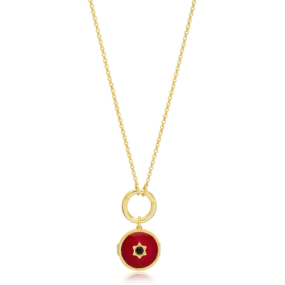 Enamel Round Red Hollow Collapsible Charm Necklace Wholesale Handcrafted 925 Sterling Silver Jewelry