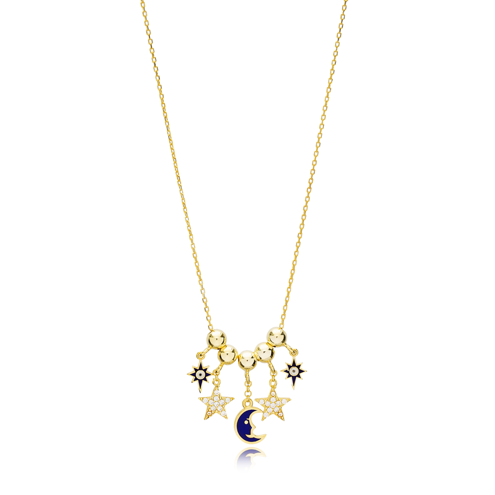 Moon and Star Shaker Charm Necklace Wholesale Handmade 925 Sterling Silver Jewelry