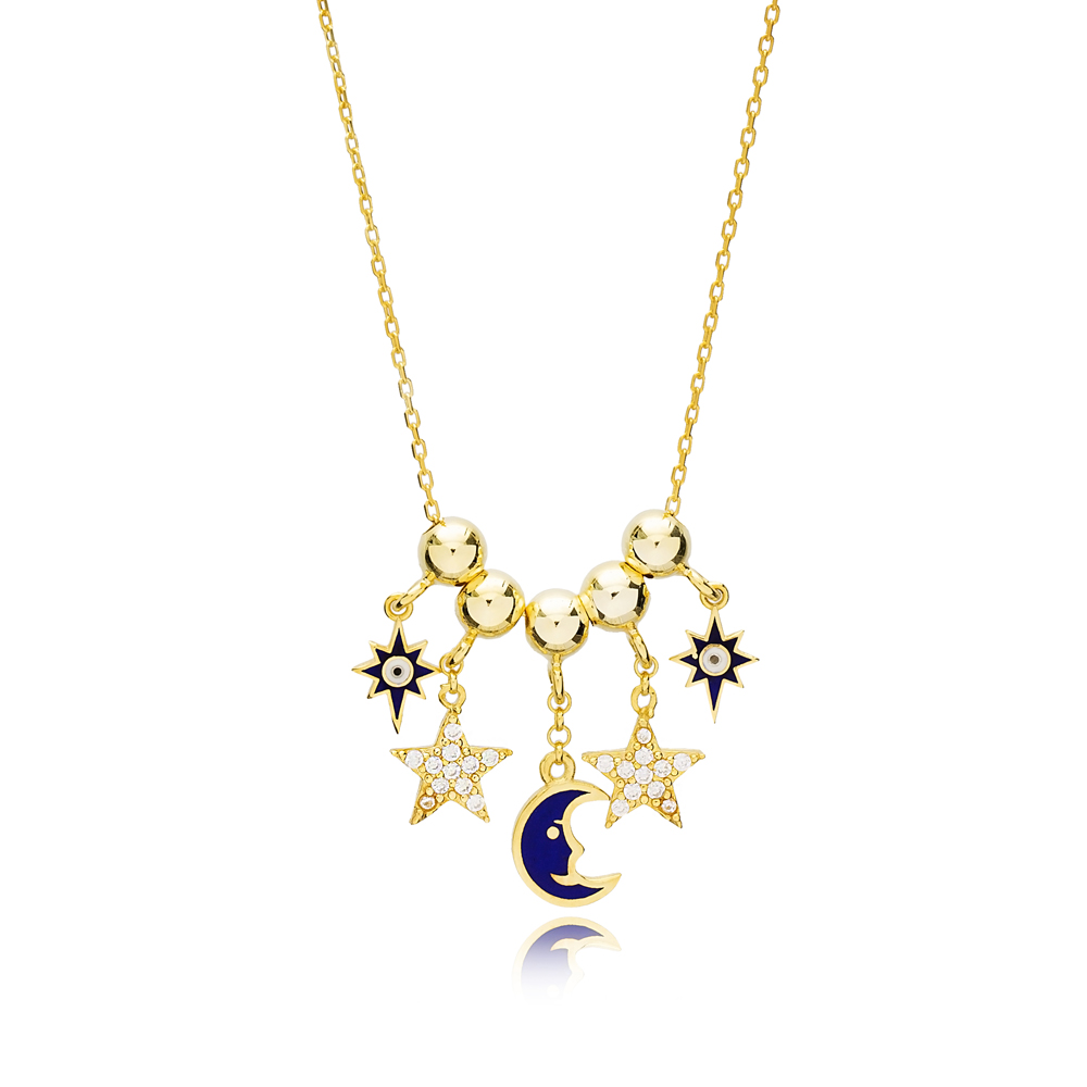 Moon and Star Shaker Charm Necklace Wholesale Handmade 925 Sterling Silver Jewelry