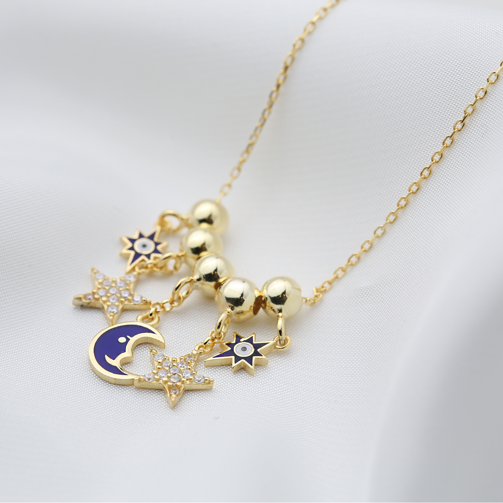 Moon and Star Shaker Charm Necklace Wholesale Handmade 925 Sterling Silver Jewelry