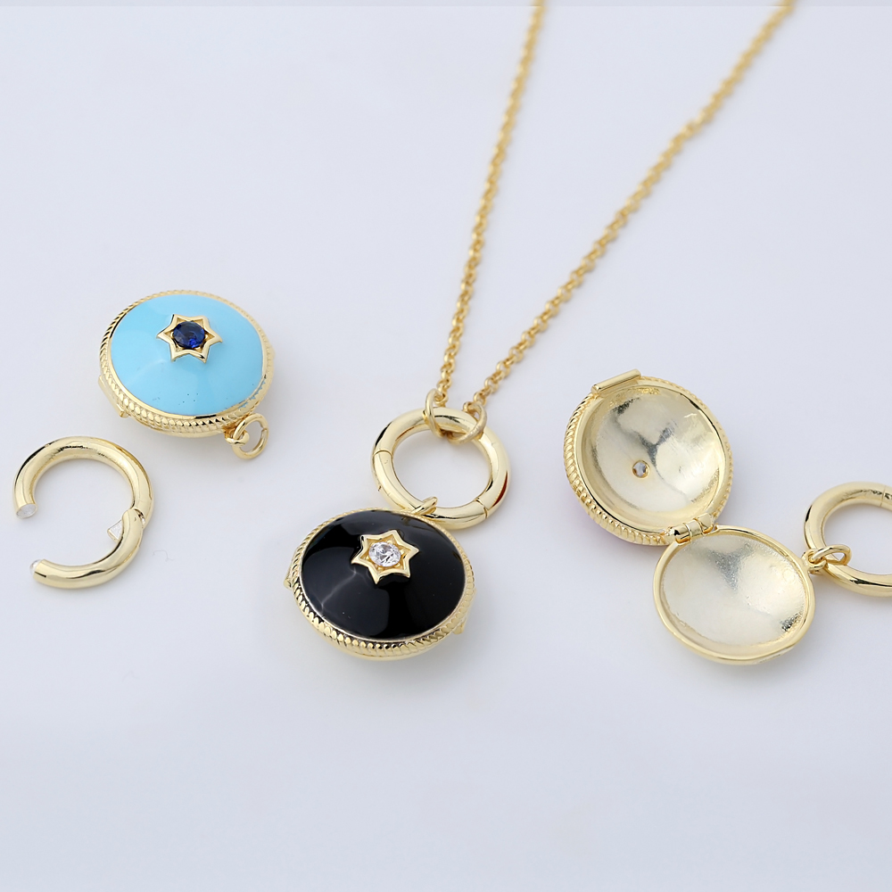 Black Round Enamel Hollow Collapsible Charm Necklace Wholesale Handmade 925 Sterling Silver Jewelry