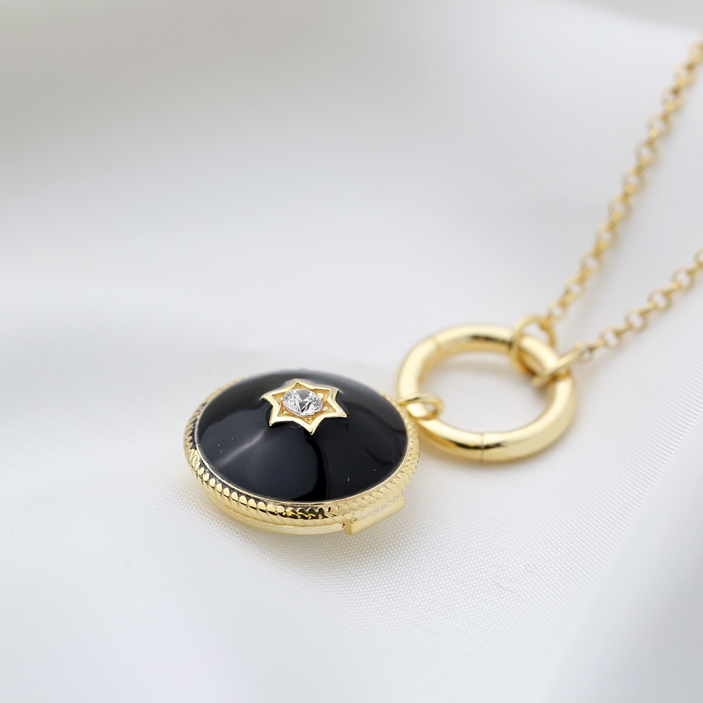 Black Round Enamel Hollow Collapsible Charm Necklace Wholesale Handmade 925 Sterling Silver Jewelry
