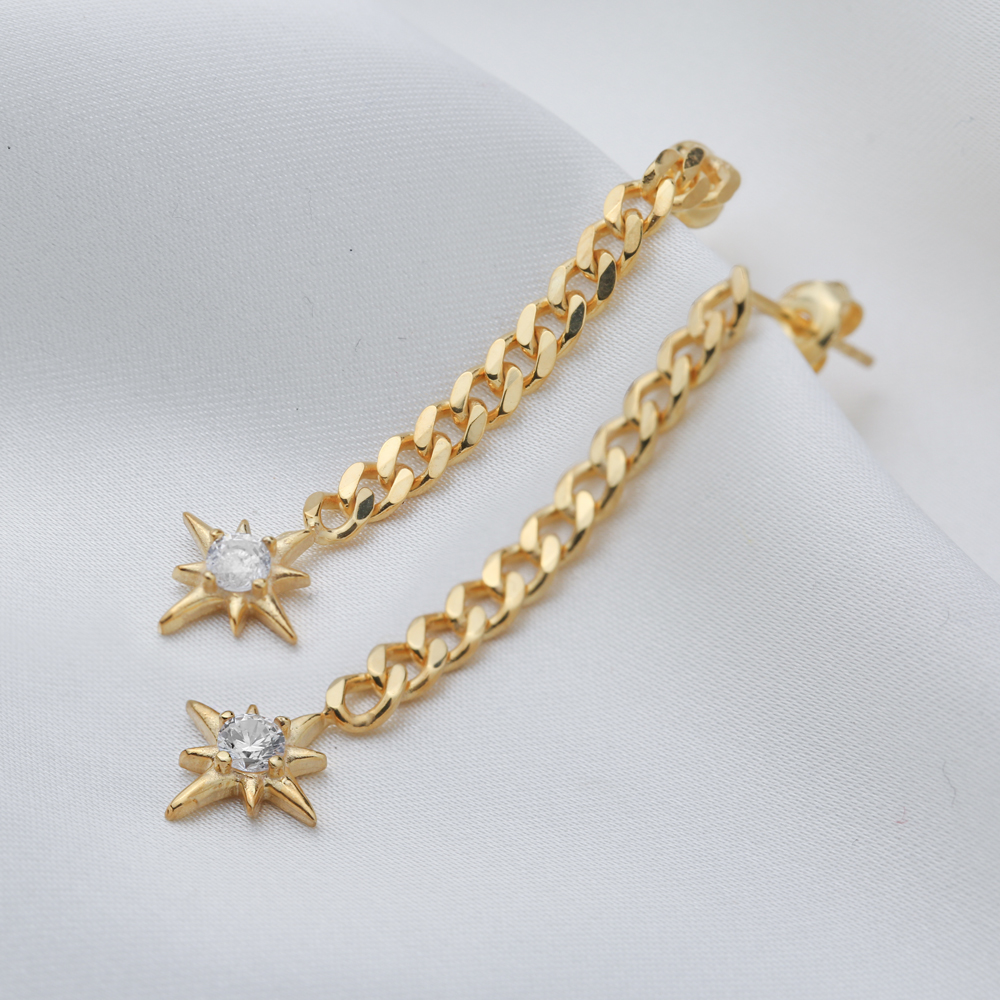 Pole Star Design Long Chain Earring Wholesale Handcrafted Turkish 925 Silver Sterling Jewelry
