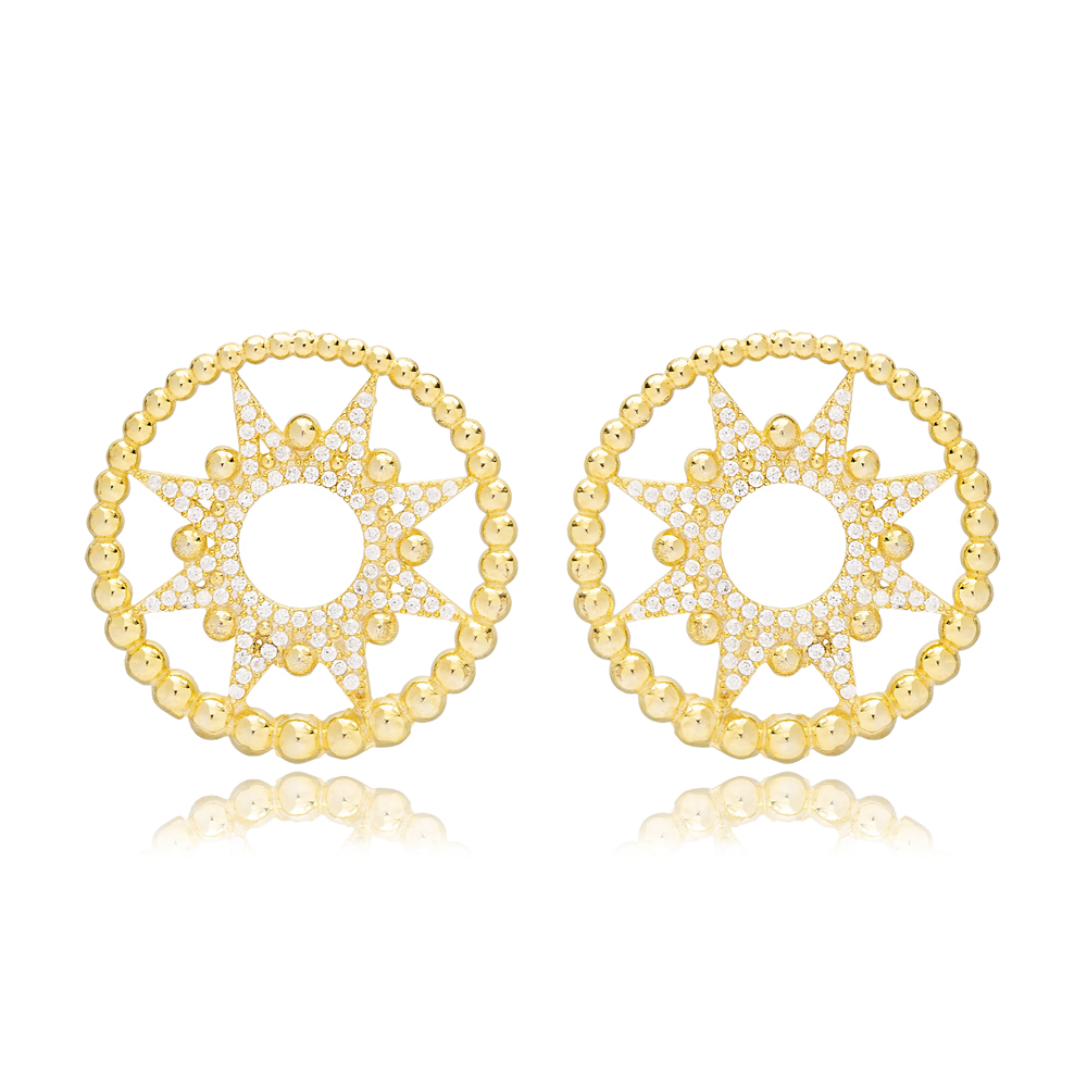 Round Sun Design Stud Earring Wholesale Handcrafted Turkish 925 Silver Sterling Jewelry