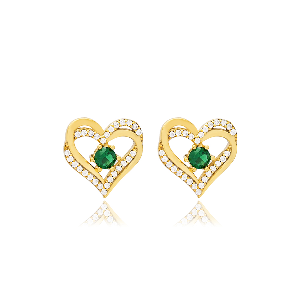 Double Heart Design Emerald Stud Earring Wholesale Handmade Turkish 925 Silver Sterling Jewelry