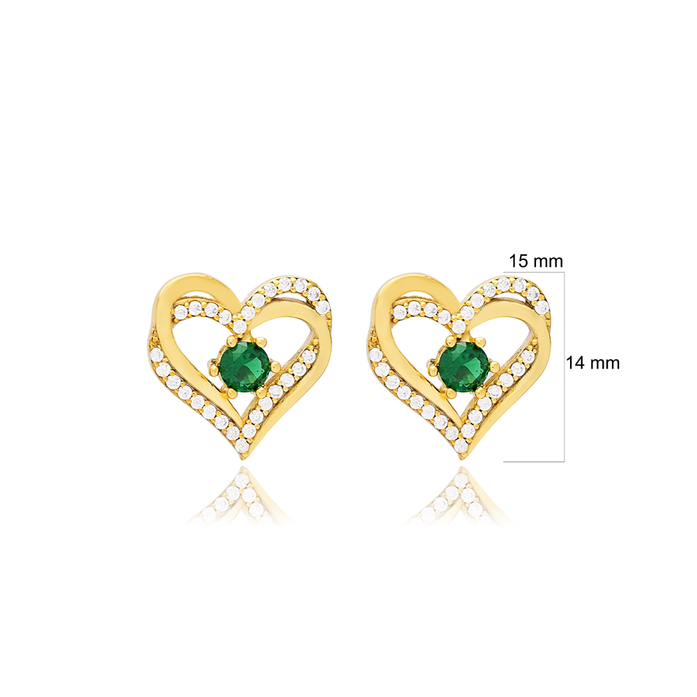 Double Heart Design Emerald Stud Earring Wholesale Handmade Turkish 925 Silver Sterling Jewelry