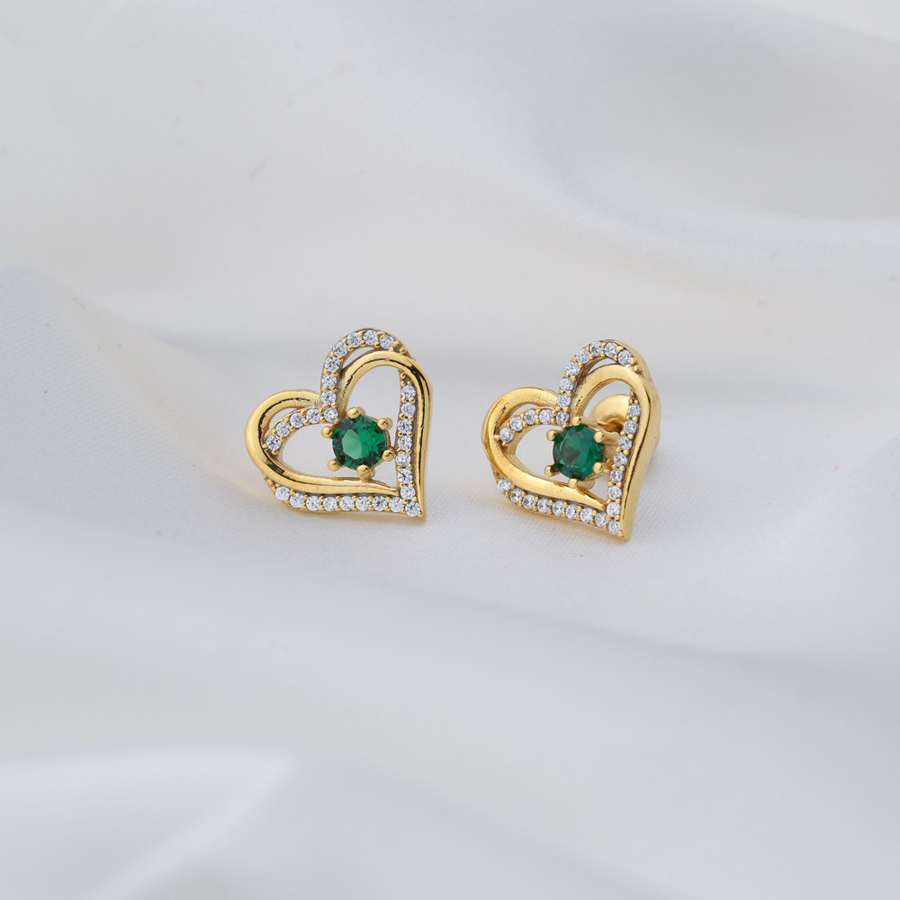 Double Heart Design Emerald Stud Earring Wholesale Handmade Turkish 925 Silver Sterling Jewelry