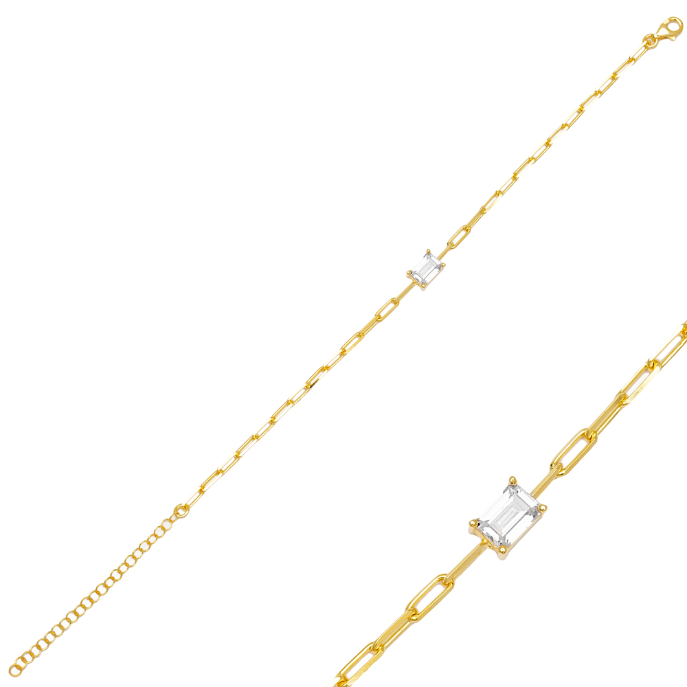 Rectangle Shape Zircon Stone Link Chain Charm Bracelet Wholesale 925 Sterling Silver Jewelry