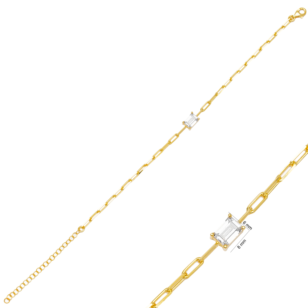 Rectangle Design Zircon Link Chain Charm Bracelet Wholesale 925 Sterling Silver Jewelry