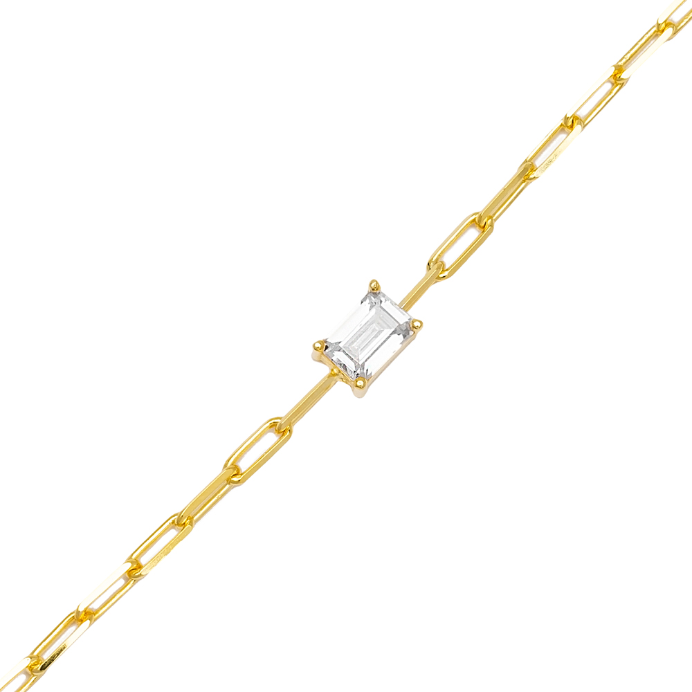Rectangle Shape Zircon Stone Link Chain Charm Bracelet Wholesale 925 Sterling Silver Jewelry