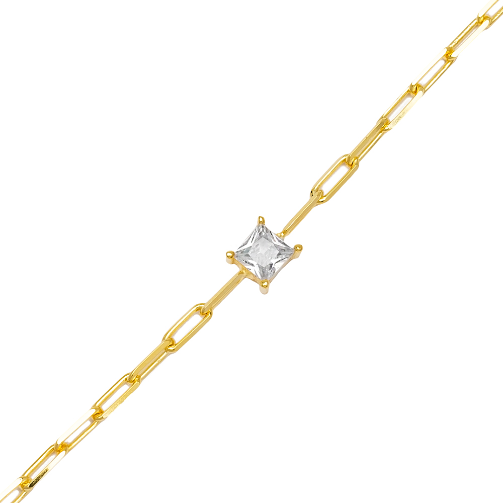 Square Shape Dainty Zircon Stone Link Chain Charm Bracelet Wholesale 925 Sterling Silver Jewelry