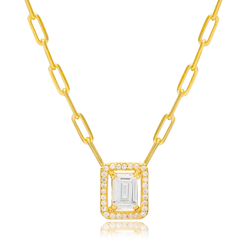Trendy Zircon Gemstone Baguette Charm Pendant Necklace 925 Sterling Silver Turkish Wholesale Jewelry