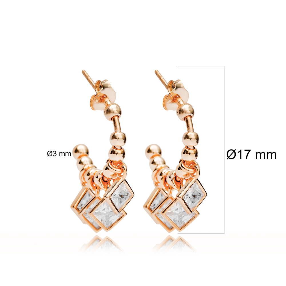 Square Zirconia Shape Jewelry Wholesale Turkish 925 Silver Sterling Handcrafted Ball Earring
