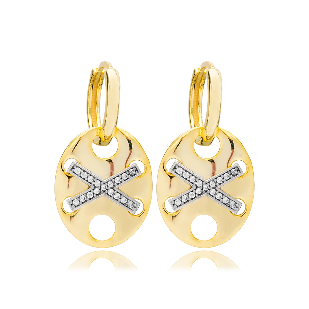 Zircon Stone Hoop X Design Dangle Earring Turkish 925 Sterling Silver Wholesale Jewelry