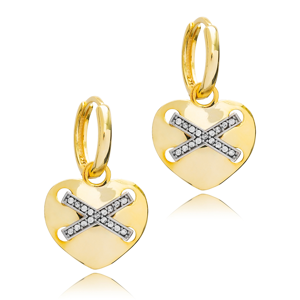 Heart Shape Hoop X Design Zircon Dangle Earring Turkish 925 Sterling Silver Wholesale Jewelry