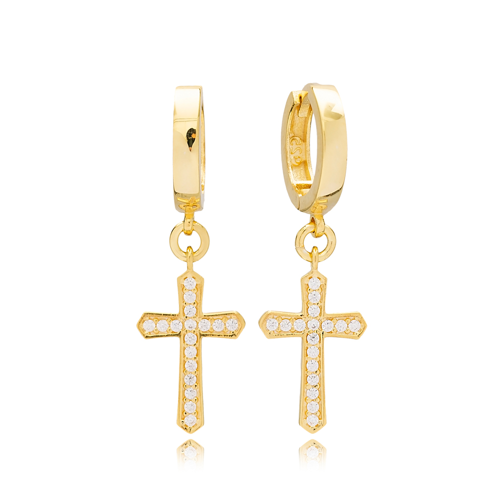 Trendy Zircon Stone Cross Design Dangle Earrings Turkish Wholesale Sterling Silver Jewellery