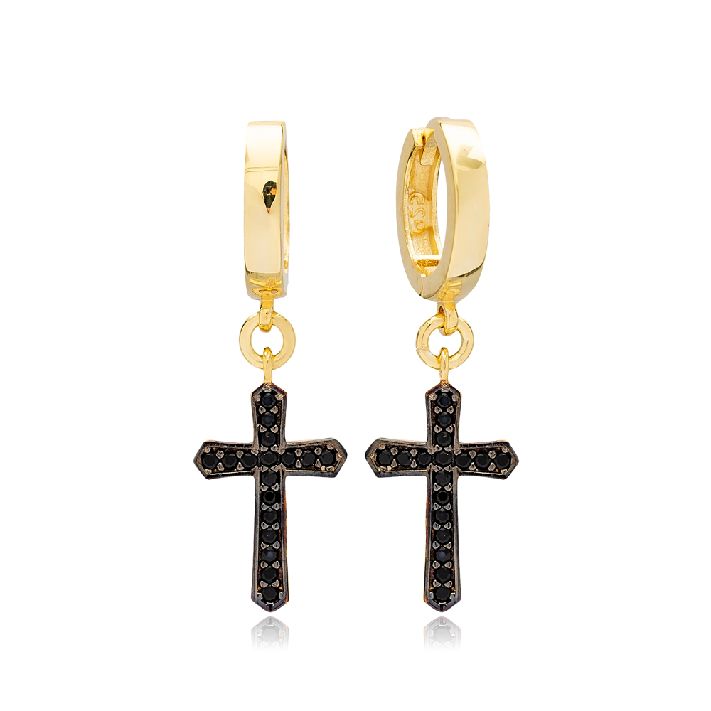 Black Zircon Stone Cross Design Hoop Dangle Earrings Turkish Wholesale Sterling Silver Jewelry