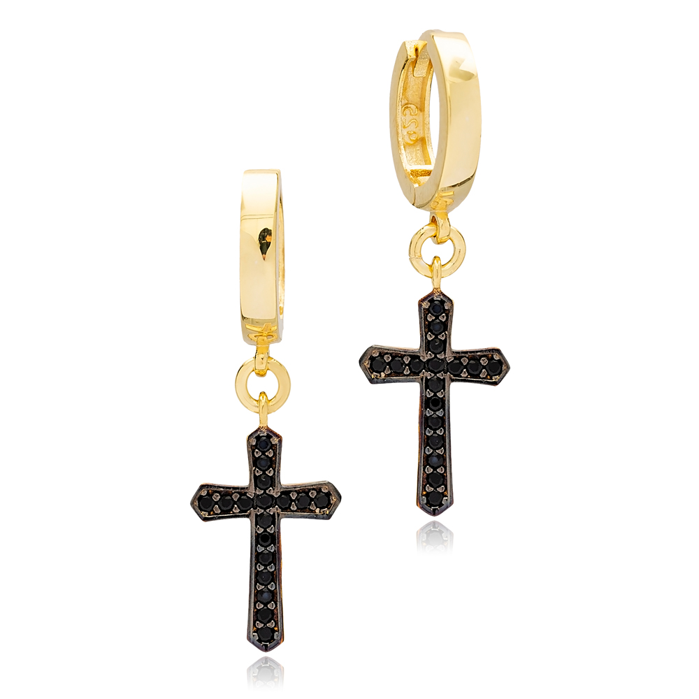 Black Zircon Stone Cross Design Hoop Dangle Earrings Turkish Wholesale Sterling Silver Jewelry