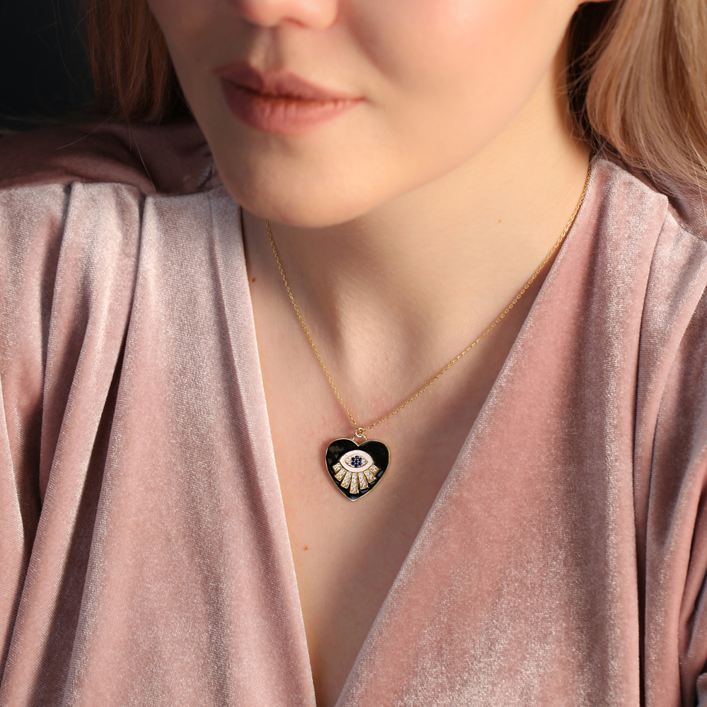 Eye and Black Heart Design Enamel Pendant Turkish Wholesale 925 Sterling Silver Jewelry