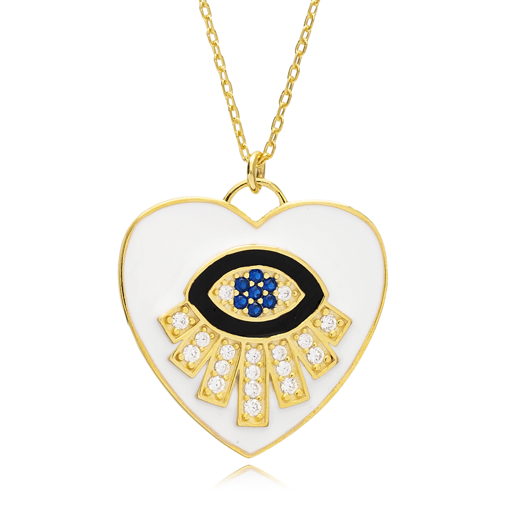 Stylish White Heart and Eye Design Enamel Pendant Turkish Wholesale 925 Sterling Silver Handmade Jewelry
