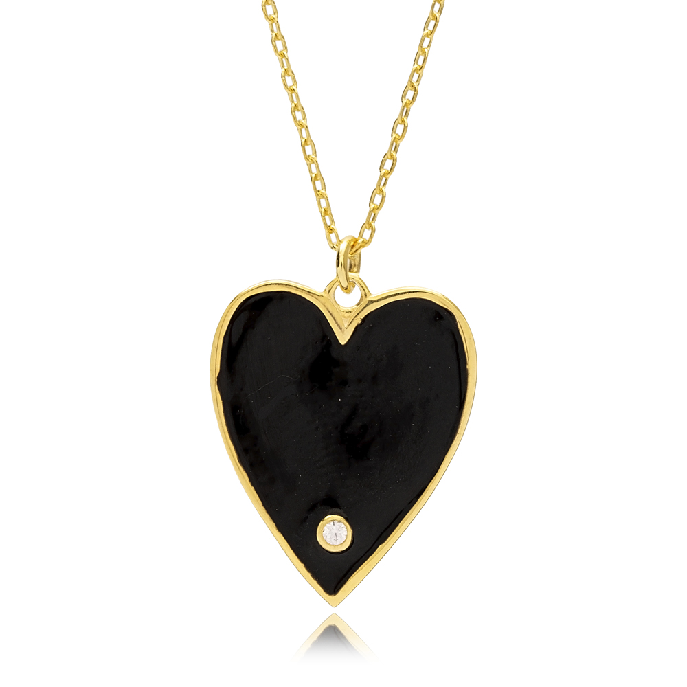 Trendy Heart Design Black Enamel Pendant Turkish Wholesale 925 Sterling Silver Handcrafted Jewelry