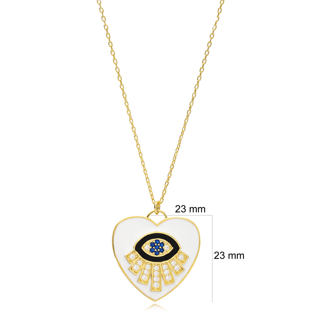 White Heart and Eye Design Enamel Pendant Turkish Wholesale 925 Sterling Silver Handmade Jewelry