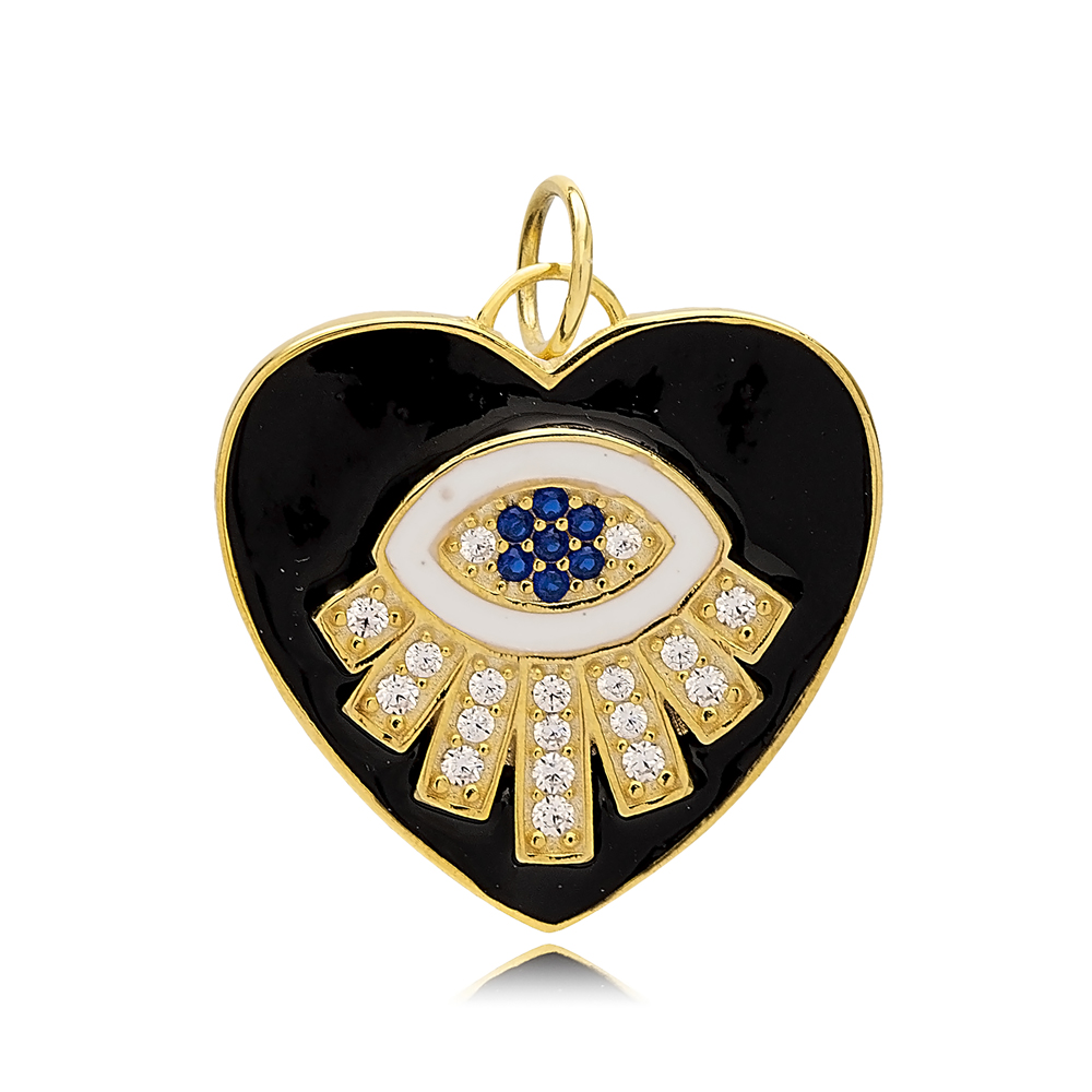 Black Enamel Heart Charm Eye Shape Wholesale Handmade Turkish 925 Silver Sterling Jewelry With Hole Ø7 mm