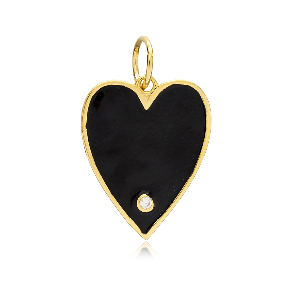 Dainty Black Enamel Heart Charm Handcrafted Turkish 925 Silver Sterling Jewelry With Hole Ø7 mm
