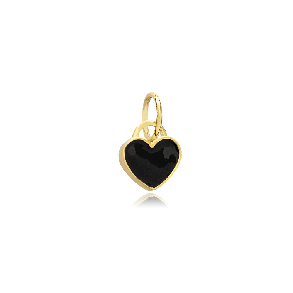 Heart Charm Minimalist Black Enamel Turkish Wholesale 925 Silver Sterling Jewelry With Hole Ø7 mm