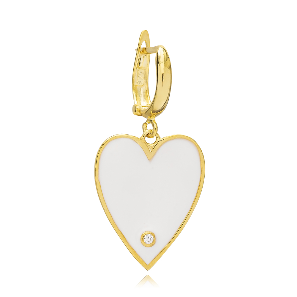 Dainty White Enamel Heart Design Single Dangle Earring Turkish Wholesale Sterling Silver Jewelry