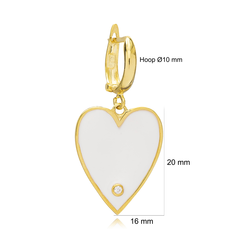 Dainty White Enamel Heart Single Dangle Earring Turkish Wholesale Sterling Silver Jewelry