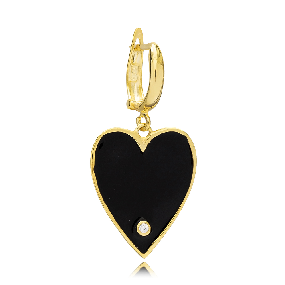 Single Black Enamel Heart Design Dangle Earring Handmade Wholesale Sterling Silver Jewelry