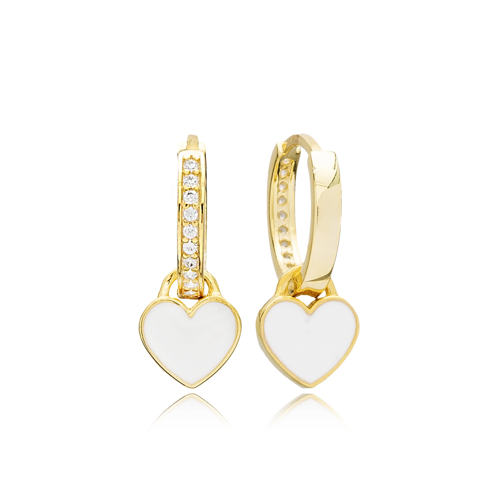 Heart Design Elegant White Enamel Minimalist Dangle Earrings Handmade Wholesale Sterling Silver Jewelry
