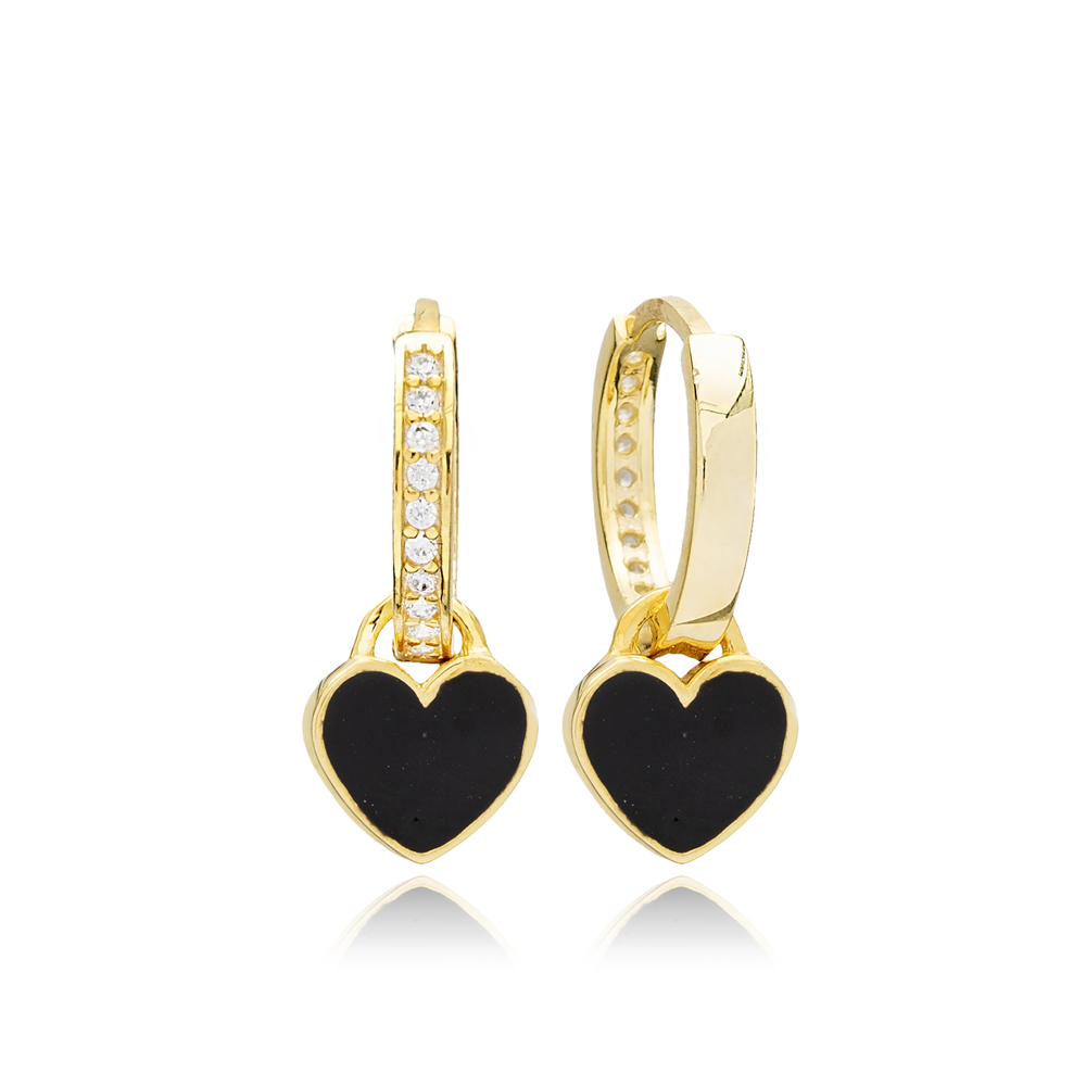 Black Enamel Heart Design Elegant Minimalist Dangle Earrings Handmade Wholesale Sterling Silver Jewelry