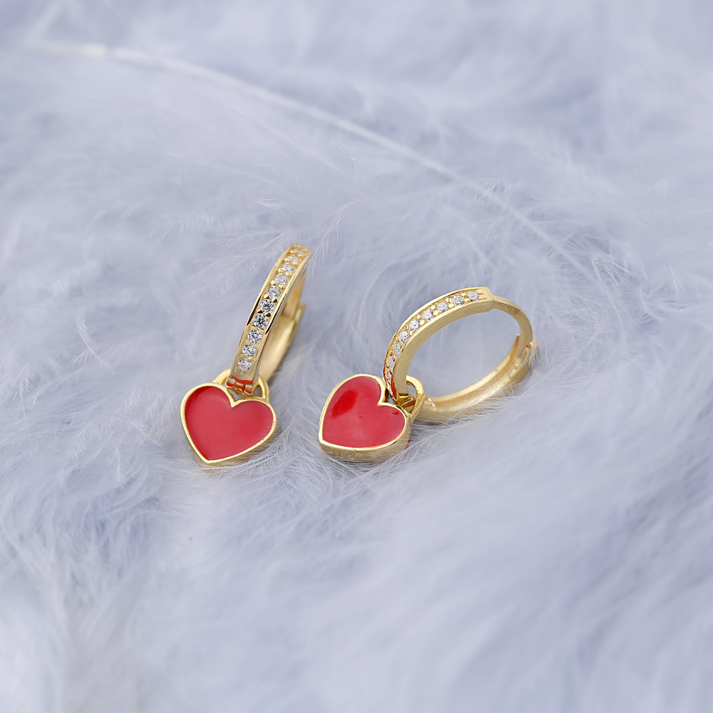Red Enamel Heart Design Minimalist Dangle Earrings Turkish Handmade Wholesale Sterling Silver Jewelry