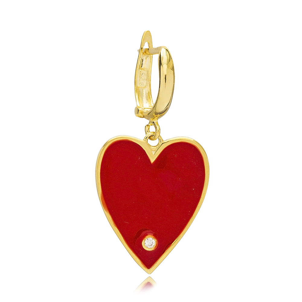 Single Red Enamel Heart Design Dangle Earring Handmade Wholesale Sterling Silver Jewellery